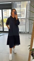 Dr 2487 Etek Poplinli İndigo Kapüşonlu Elbise