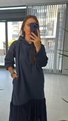 Dr 2487 Etek Poplinli İndigo Kapüşonlu Elbise