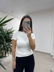 Md 6683 Taş Detaylı Bisiklet Yaka Ekru Tişört