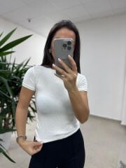 Md 6683 Taş Detaylı Bisiklet Yaka Ekru Tişört