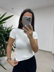 Md 6683 Taş Detaylı Bisiklet Yaka Ekru Tişört