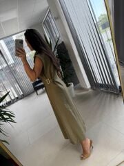 Fw 0473 Çift Kemerli Haki Keten Gömlek Elbise