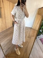 Ms Ceket yaka mor çiçekli keten elbise