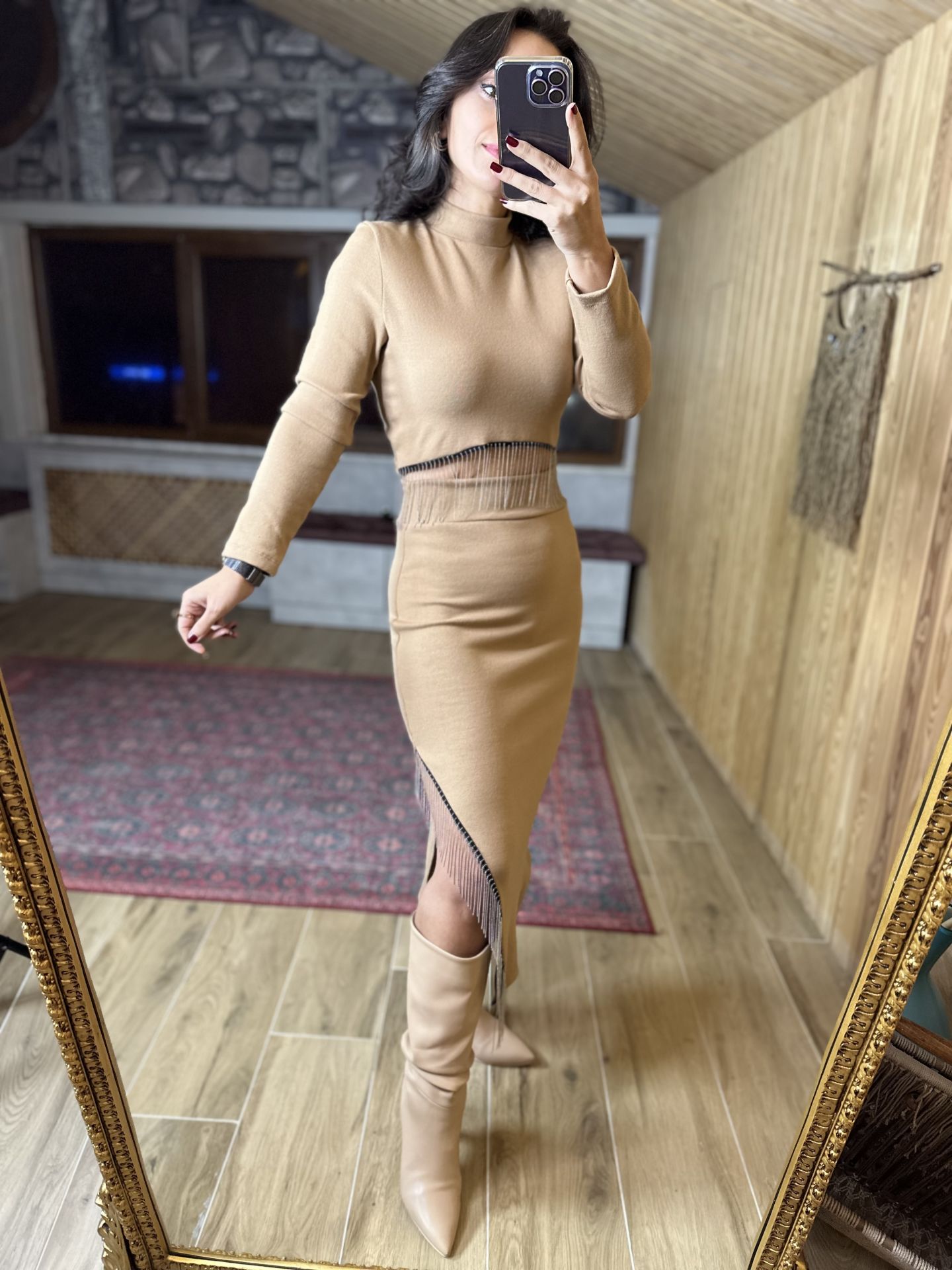 Nude zincir detaylı triko takım