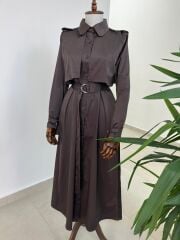 Dr 8556 Tasarım Kahve Kol Kemerli Elbise