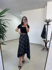 Ms 242 Dantel Detaylı Antrasit Siyah Ekose Etek