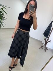 Ms 242 Dantel Detaylı Antrasit Siyah Ekose Etek