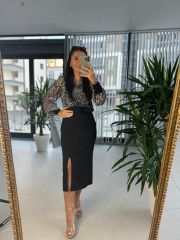 My 3289 Şifon Kemerli Gri Leo Kalem Elbise