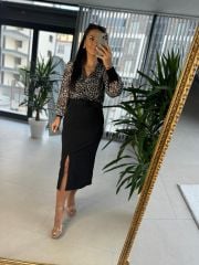 My 3289 Şifon Kemerli Gri Leo Kalem Elbise