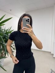 Md 6683 Taş Detaylı Bisiklet Yaka Siyah Tişört