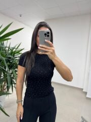 Md 6683 Taş Detaylı Bisiklet Yaka Siyah Tişört