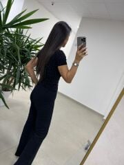 Md 6683 Taş Detaylı Bisiklet Yaka Siyah Tişört