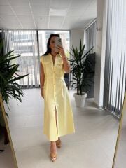 Fw 0473 Çift Kemerli Sarı Keten Gömlek Elbise