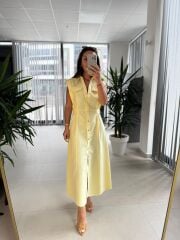 Fw 0473 Çift Kemerli Sarı Keten Gömlek Elbise