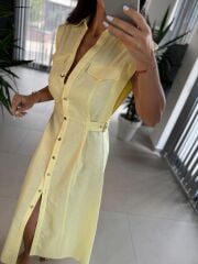 Fw 0473 Çift Kemerli Sarı Keten Gömlek Elbise
