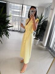 Fw 0473 Çift Kemerli Sarı Keten Gömlek Elbise