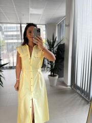 Fw 0473 Çift Kemerli Sarı Keten Gömlek Elbise