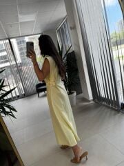 Fw 0473 Çift Kemerli Sarı Keten Gömlek Elbise