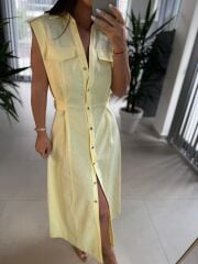 Fw 0473 Çift Kemerli Sarı Keten Gömlek Elbise