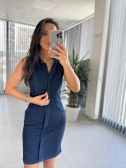 Pr 320 Marka Model Tek Düğme Detaylı  Denim Elbise