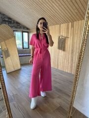 Ms Hakim yaka Önden fermuarlı pembe tulum