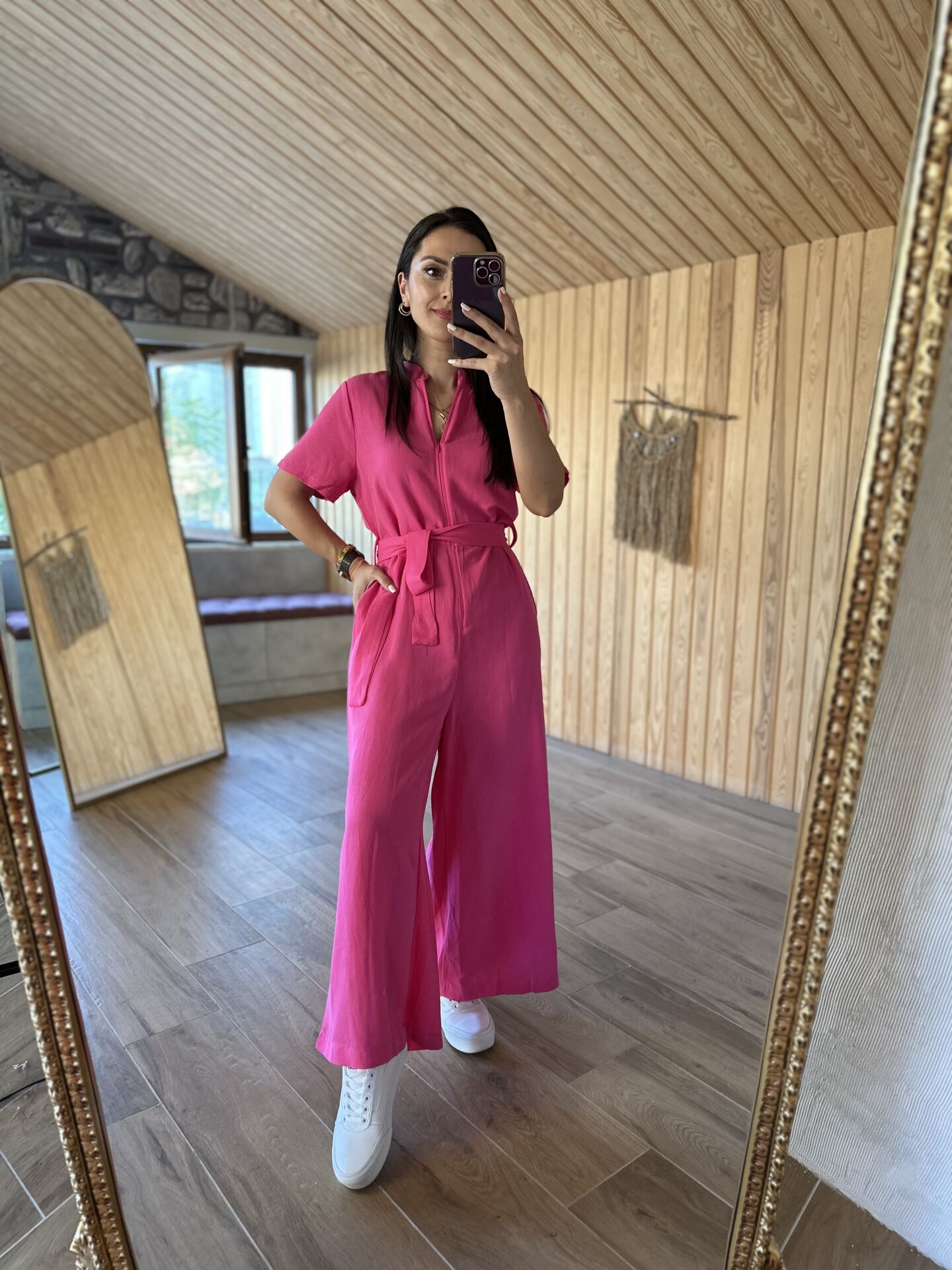 Ms Hakim yaka Önden fermuarlı pembe tulum