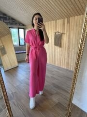 Ms Hakim yaka Önden fermuarlı pembe tulum