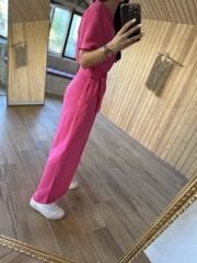 Ms Hakim yaka Önden fermuarlı pembe tulum