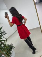 Ms 229 Kadife Detaylı Kırmızı Crep Elbise