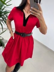 Ms 229 Kadife Detaylı Kırmızı Crep Elbise