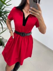 Ms 229 Kadife Detaylı Kırmızı Crep Elbise