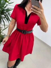 Ms 229 Kadife Detaylı Kırmızı Crep Elbise