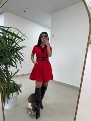 Ms 229 Kadife Detaylı Kırmızı Crep Elbise