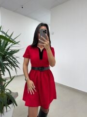 Ms 229 Kadife Detaylı Kırmızı Crep Elbise