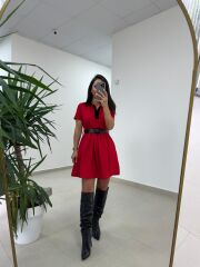 Ms 229 Kadife Detaylı Kırmızı Crep Elbise