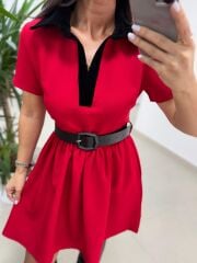 Ms 229 Kadife Detaylı Kırmızı Crep Elbise