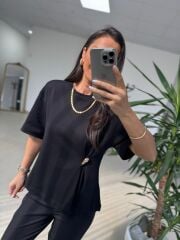 İv 26315 Siyah Aplikeli Pamuklu Tişört