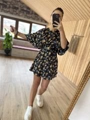 Orj marka yarasa kol çiçekli saten elbise