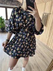 Orj marka yarasa kol çiçekli saten elbise