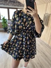 Orj marka yarasa kol çiçekli saten elbise