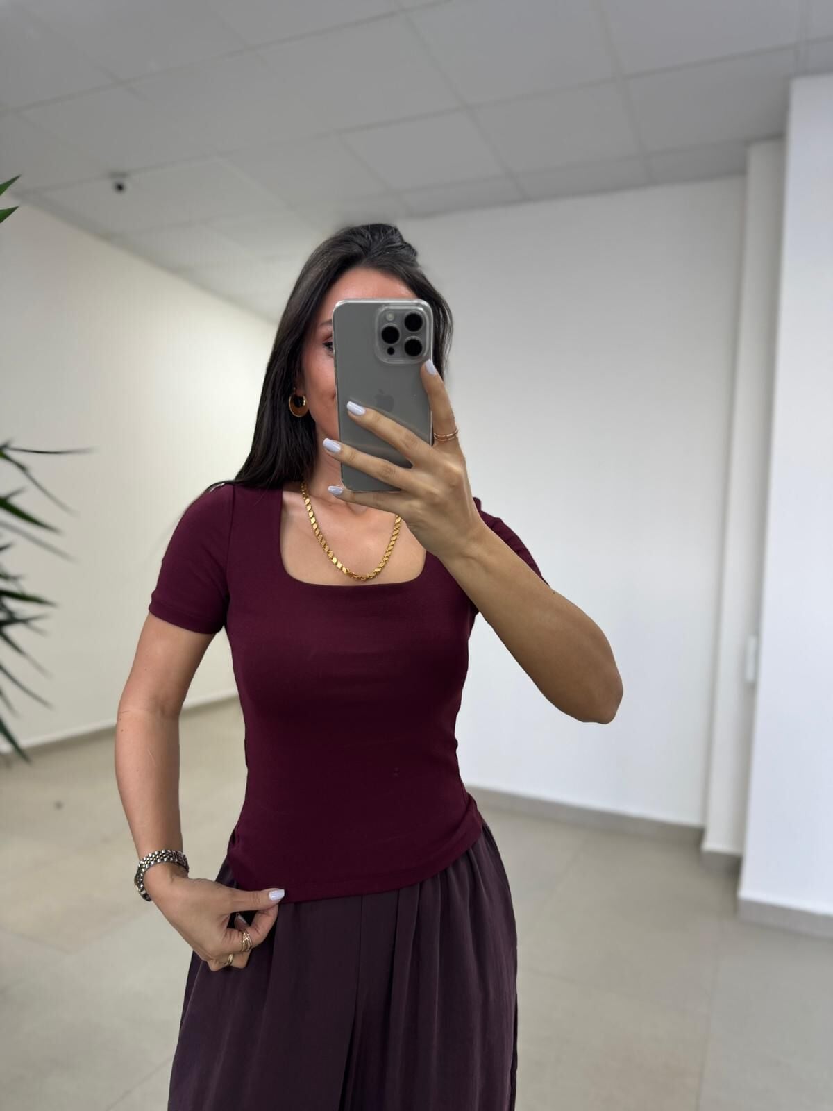 İv 24169 Kare Yaka Kısa Kollu Mürdüm Bluz