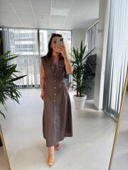 Fw 0473 Çift Kemerli Kahve Keten Gömlek Elbise
