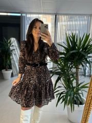 My 3367 Flok Baskılı Leopar Kemerli Elbise