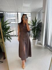 Fw 0473 Çift Kemerli Kahve Keten Gömlek Elbise