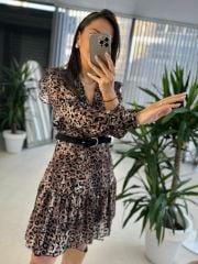 My 3367 Flok Baskılı Leopar Kemerli Elbise