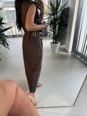 Fw 0473 Çift Kemerli Kahve Keten Gömlek Elbise
