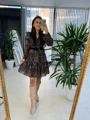 My 3367 Flok Baskılı Leopar Kemerli Elbise