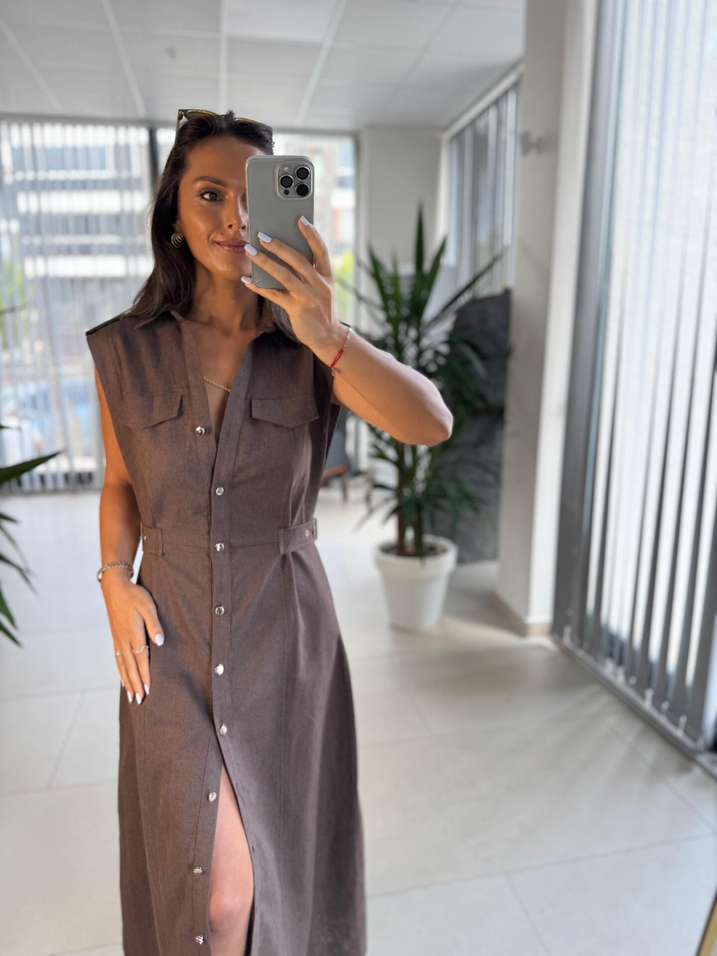 Fw 0473 Çift Kemerli Kahve Keten Gömlek Elbise