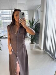 Fw 0473 Çift Kemerli Kahve Keten Gömlek Elbise