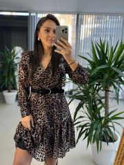 My 3367 Flok Baskılı Leopar Kemerli Elbise